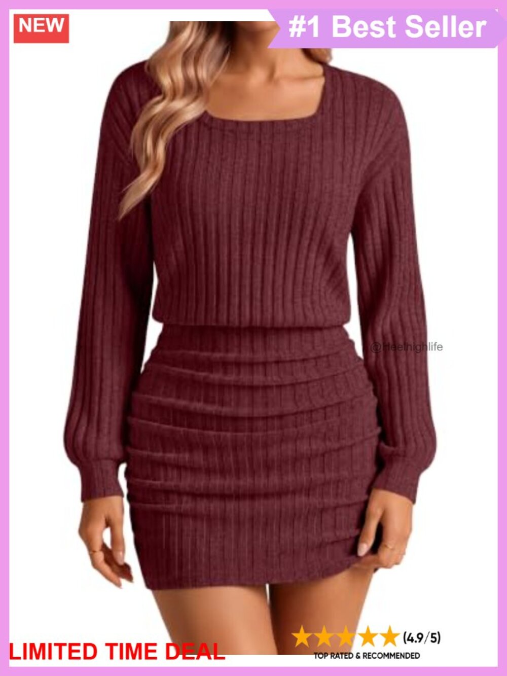 Women's Ribbed Knit Sweater Dress Bodycon Mini Square Neck Long Sleeve